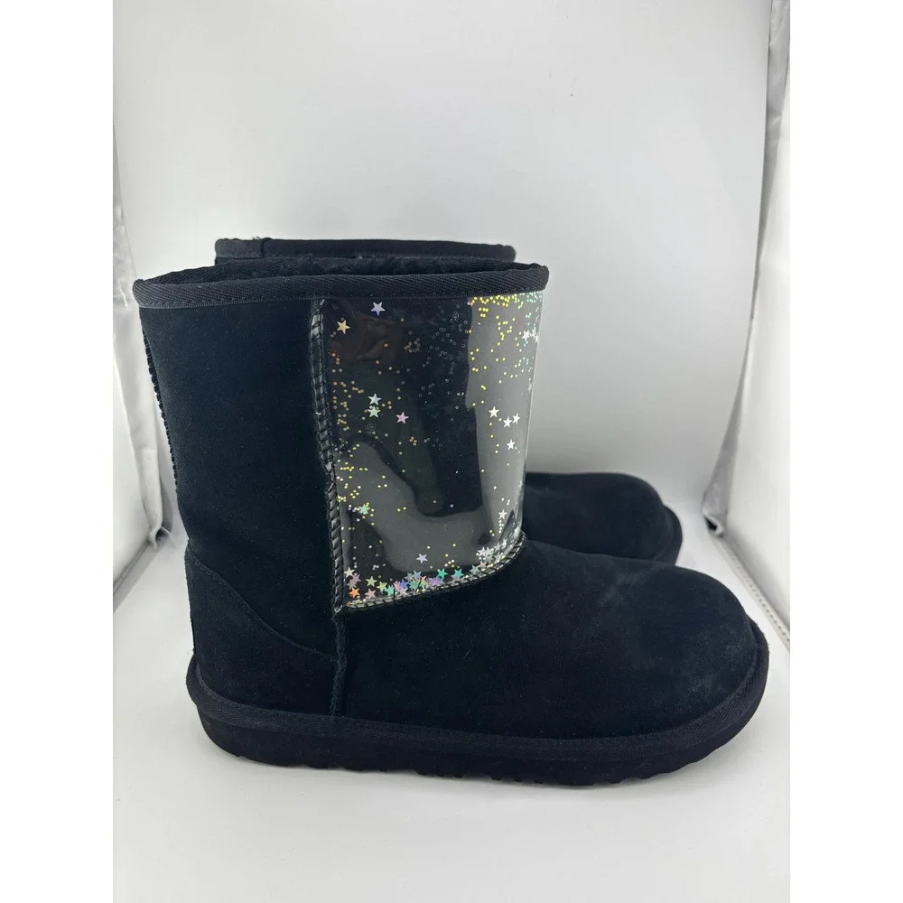UGG Classic Short Starry Glitter Black Suede Fur Lined Boots Women 6 1116192